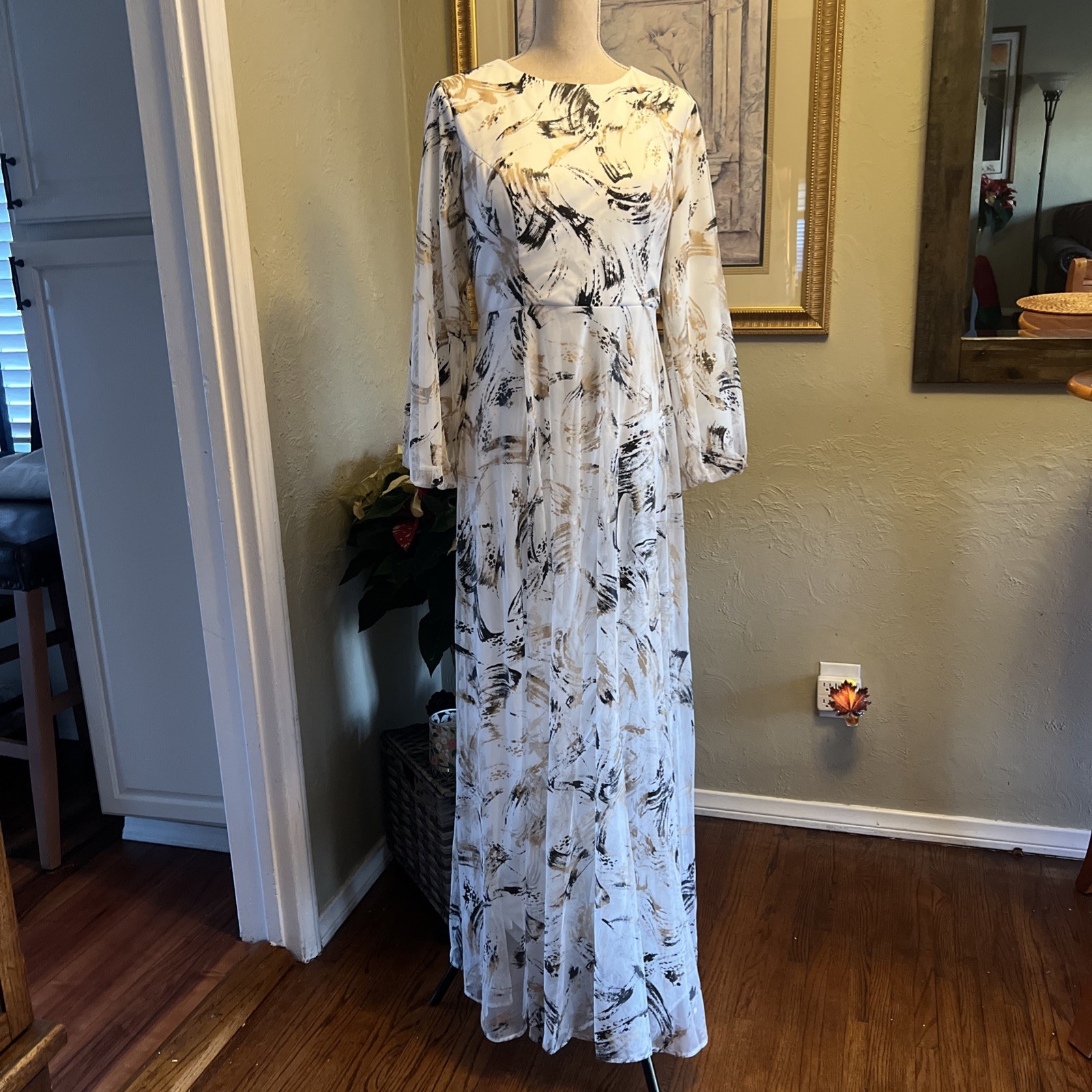 By Saygı Lined Patterned Long Tulle Dress White-black, Beige Color Size US XL