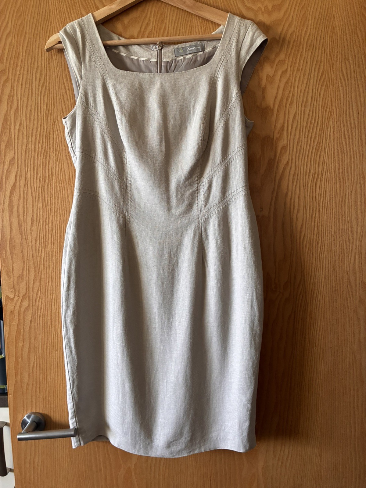 M&S Dress shift square neck 55% linen 45% viscose stone colour size 10 petite
