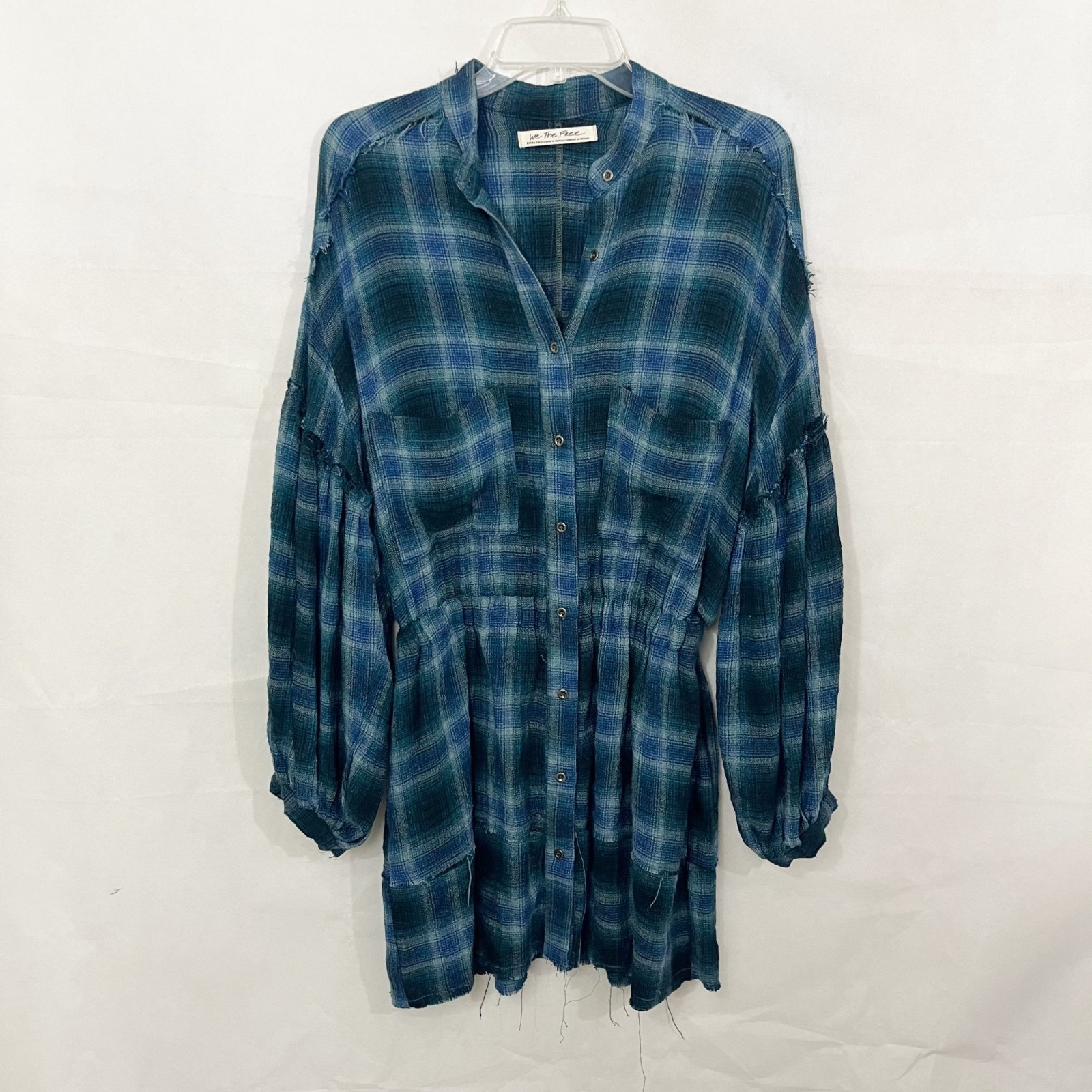 Free People By The Way Navy Plaid Long Sleeve Mini Shirt Dress Grunge – Size XS
