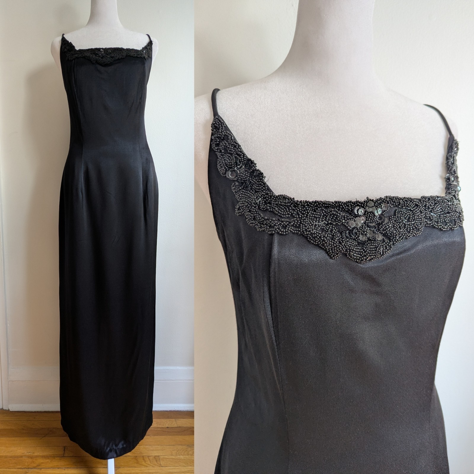Vintage 90s Elegant Black Satin Sheath Gown With Beaded Bodice Square Neck 12
