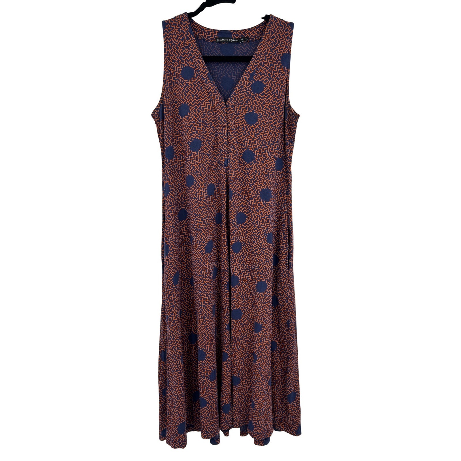 Gudrun Sjoden Blue Orange Geometric Polka Dot Sleeveless V-Neck Midi Dress XS