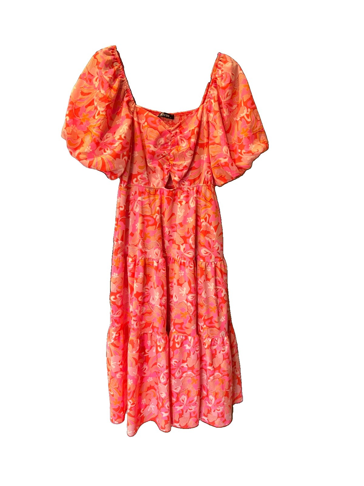 BTFBM Pink Orange Floral Smocked Ruched Lined Square Neck Puff Midi Dress Sz M