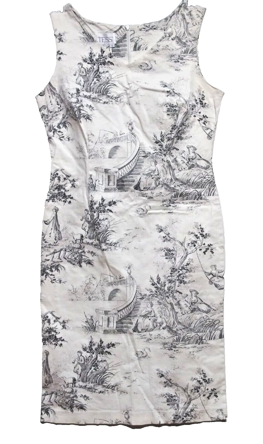 TESS Bodycon dress French Toile Colonial Pattern Sz 8 stretch Sleeveless Career