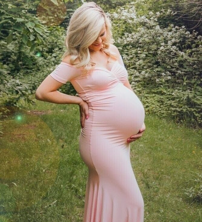 Maternity Baby Shower dress Off Shoulders short Sleeves high low Hem pink