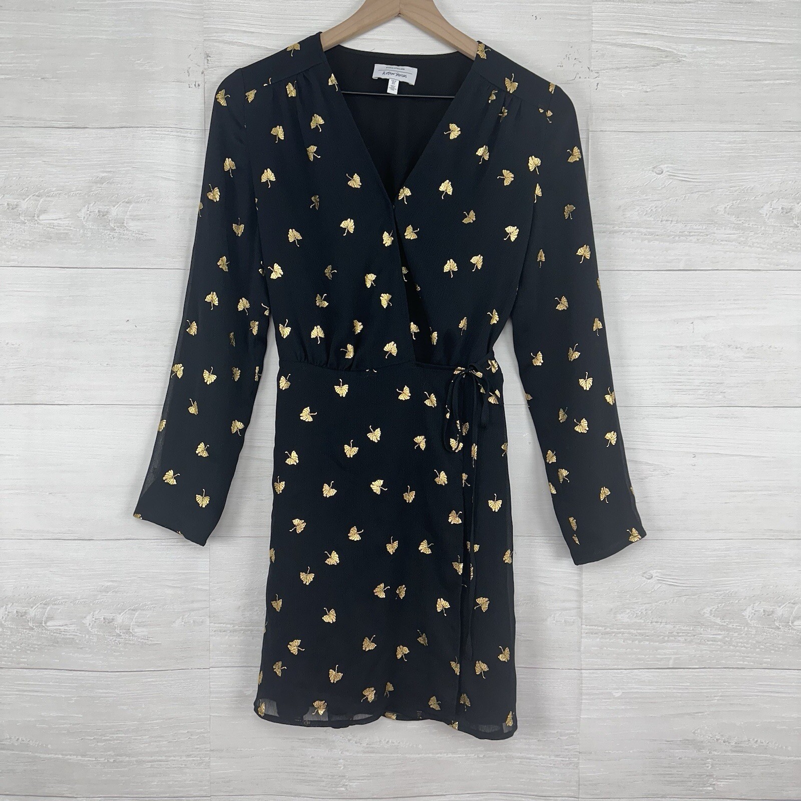 & Other Stories Mini Wrap Dress Size 0 Black Gold Leaves Long Sleeve Twee