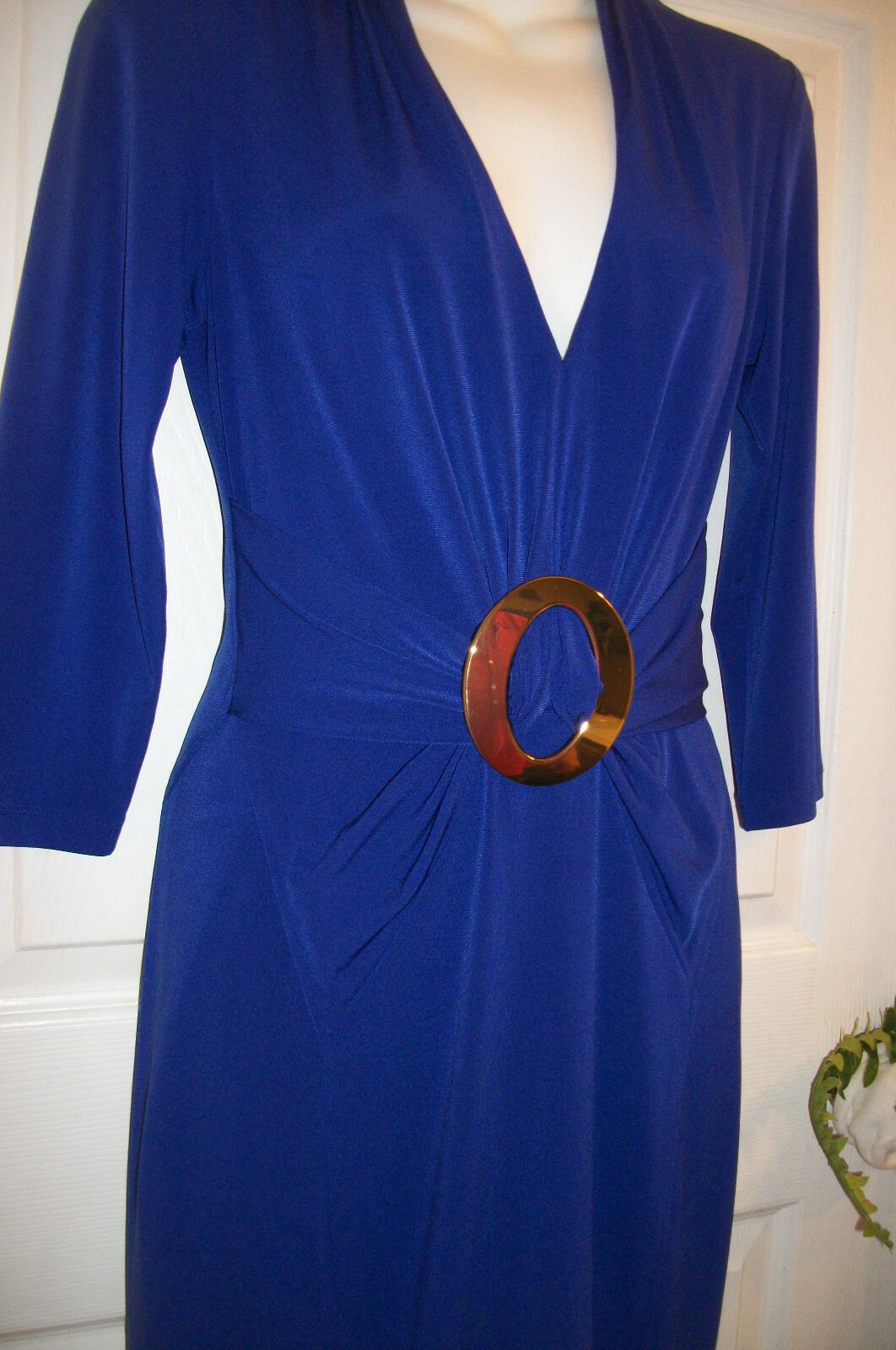 BOSTON PROPER Sz 8 Purple Stretch Dress w/ Gold Buckle Below Knee Length