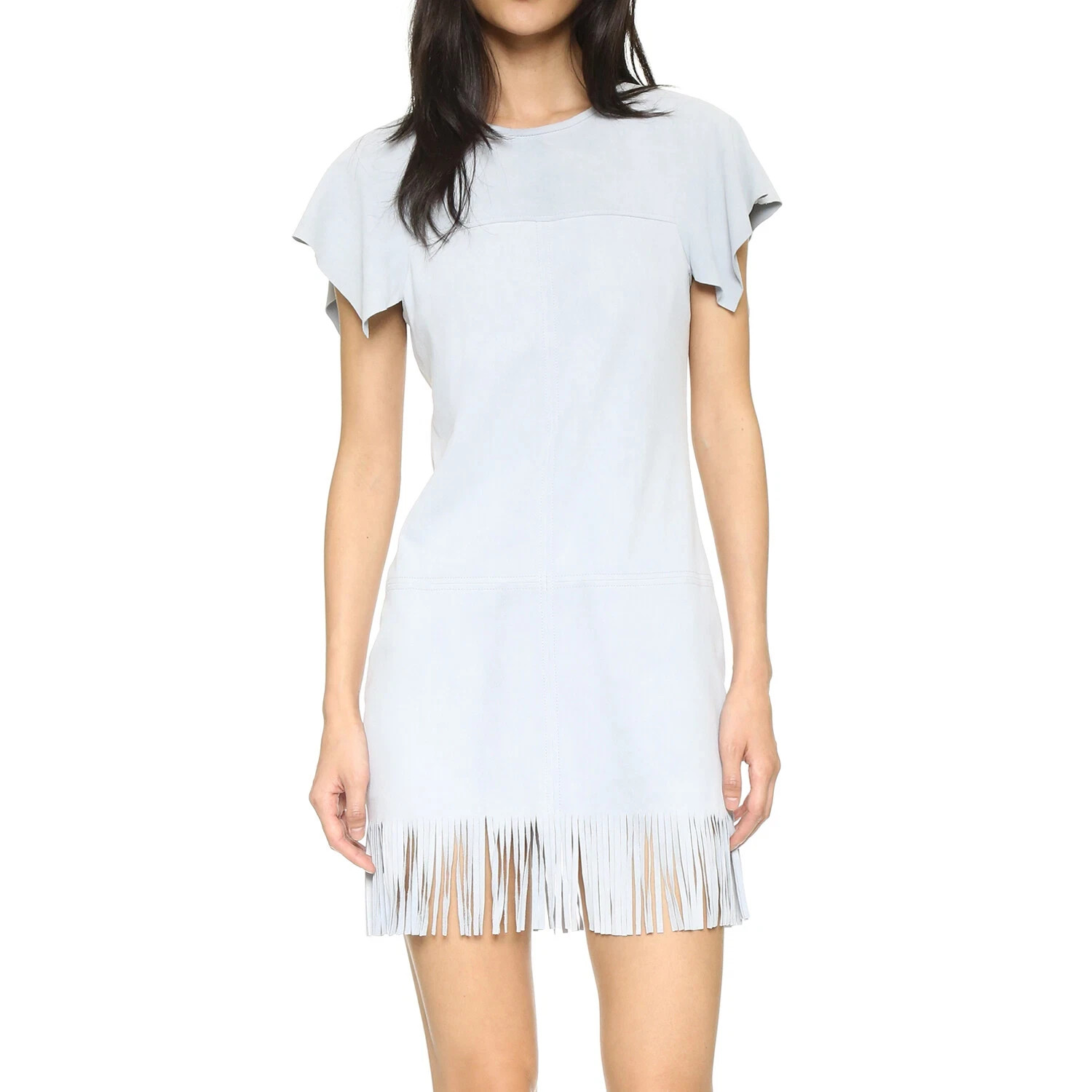 Women’s American Native Suede Leather Dress Pure White Crust Mini Fringes Dress