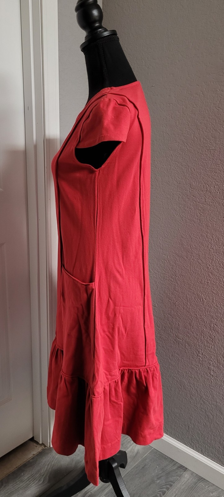 OSO Casuals Fleuri A-line Swing Midi Red Dress Cap Sleeve Front Pockets Women XS