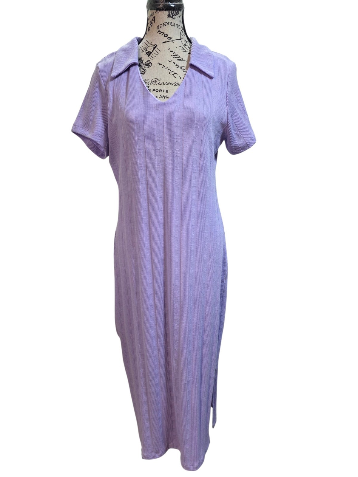 ​Hayden LA Purple Ribbed Knit Maxi Dress L Short Sleeve Collared V-Neck Slit