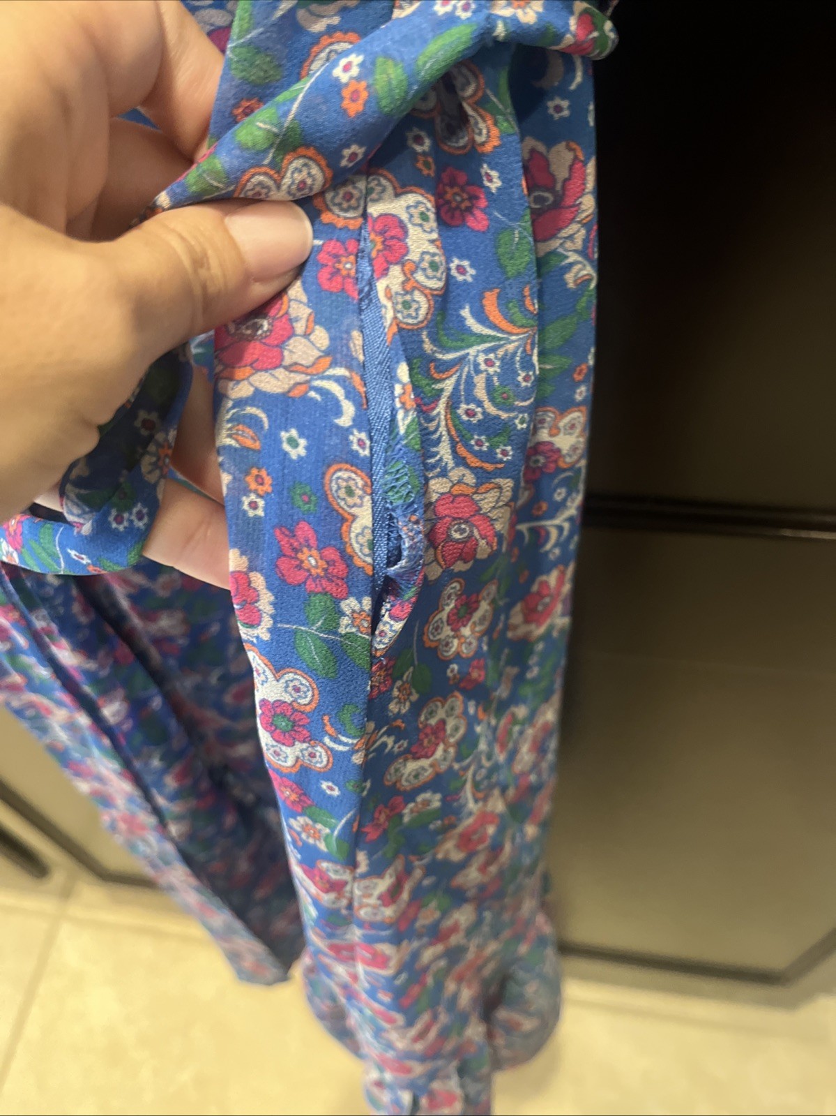 Boden Blue Floral Ruffled Midi Dress With Side Zip And Front Tie Size 8