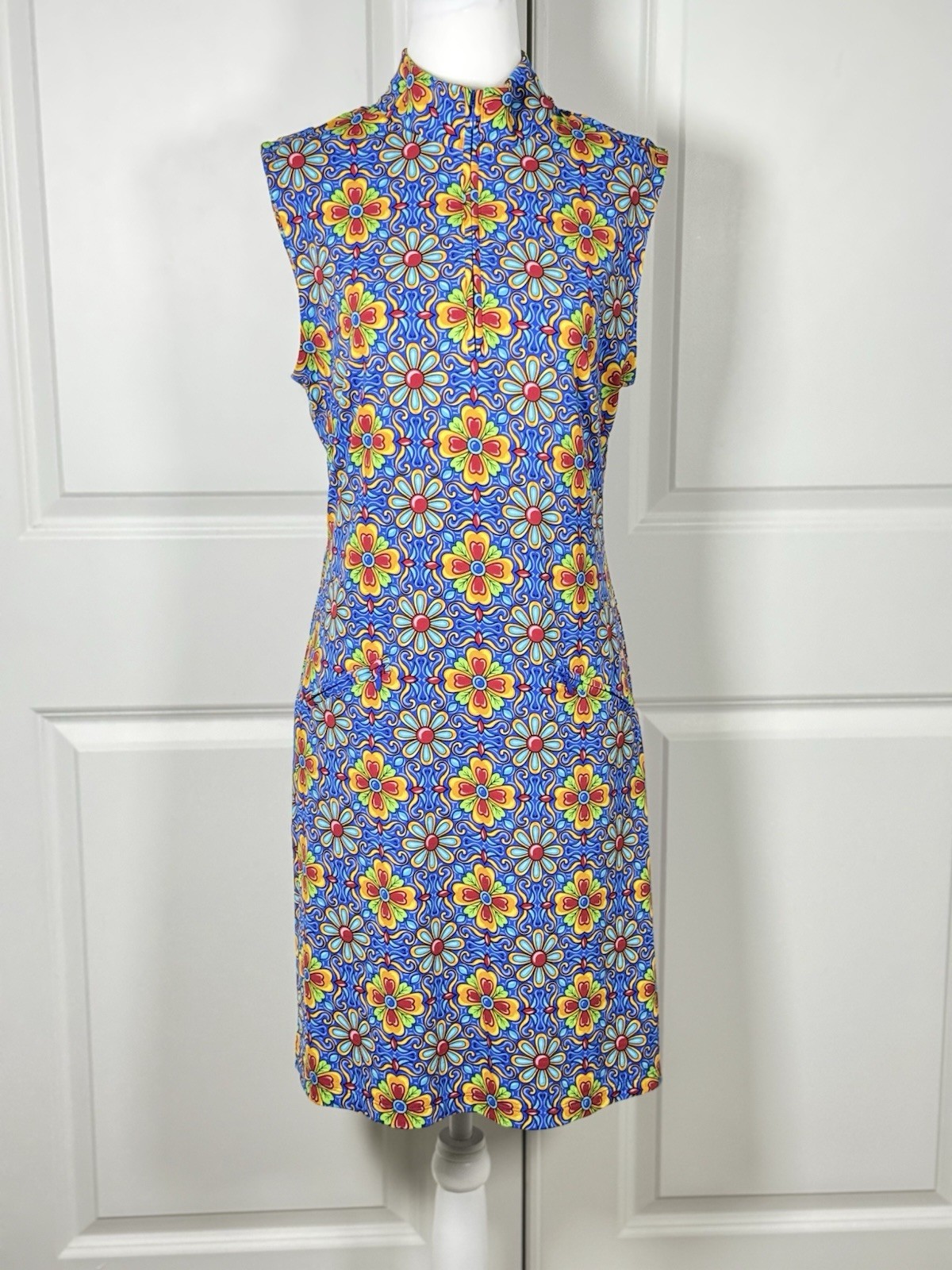 IBKUL IceFil Golf Dress UPF 50+ Retro Floral Mock Neck Pickleball M Resort Beach