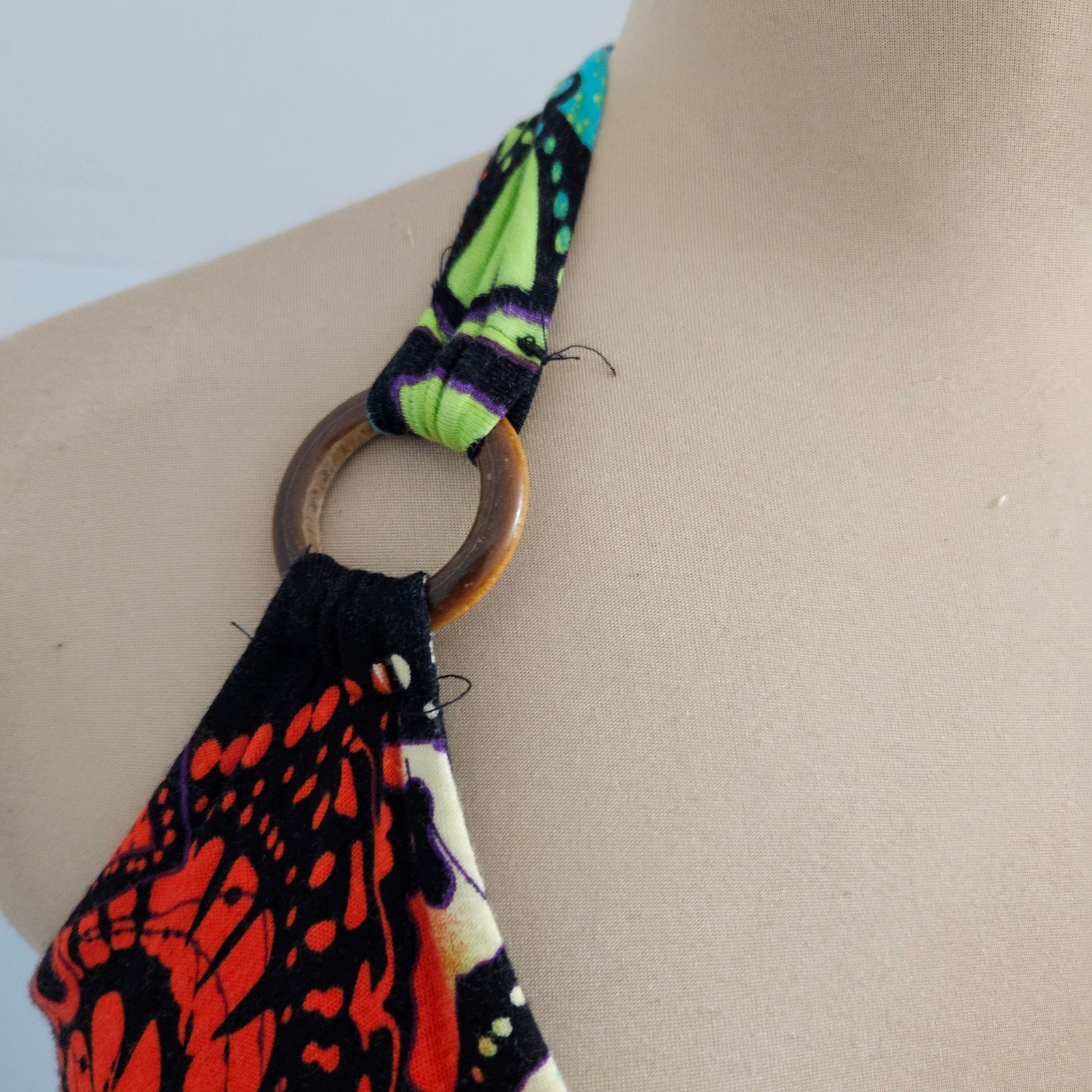 Allison Brittney Multicolor Mandala Halter Maxi Dress Wood Ring Detail Boho