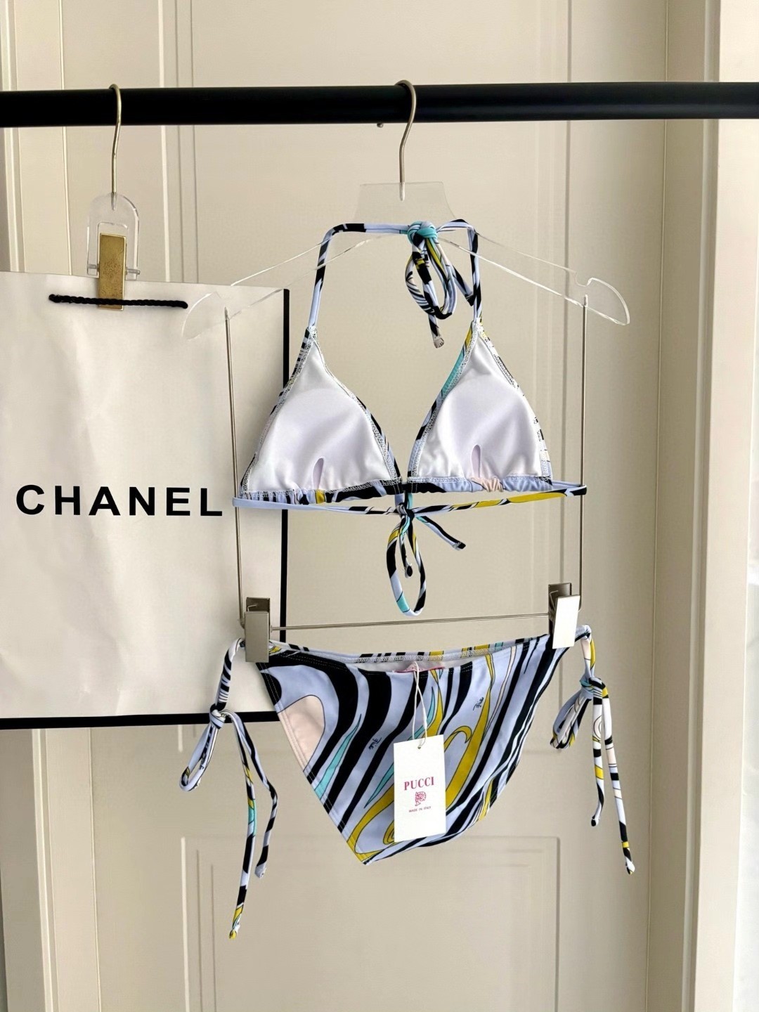 Emilio Pucci Pale Blue Multi Swirl Print Tie Side Two Piece Bikini Set