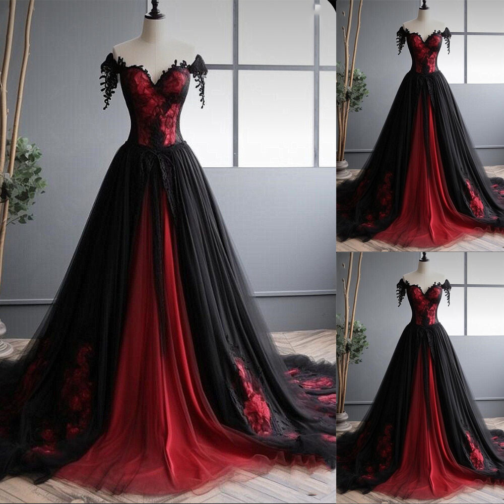 Black Red Gothic Wedding Dresses A Line Lace Appliques Off Shoulder Bridal Gowns