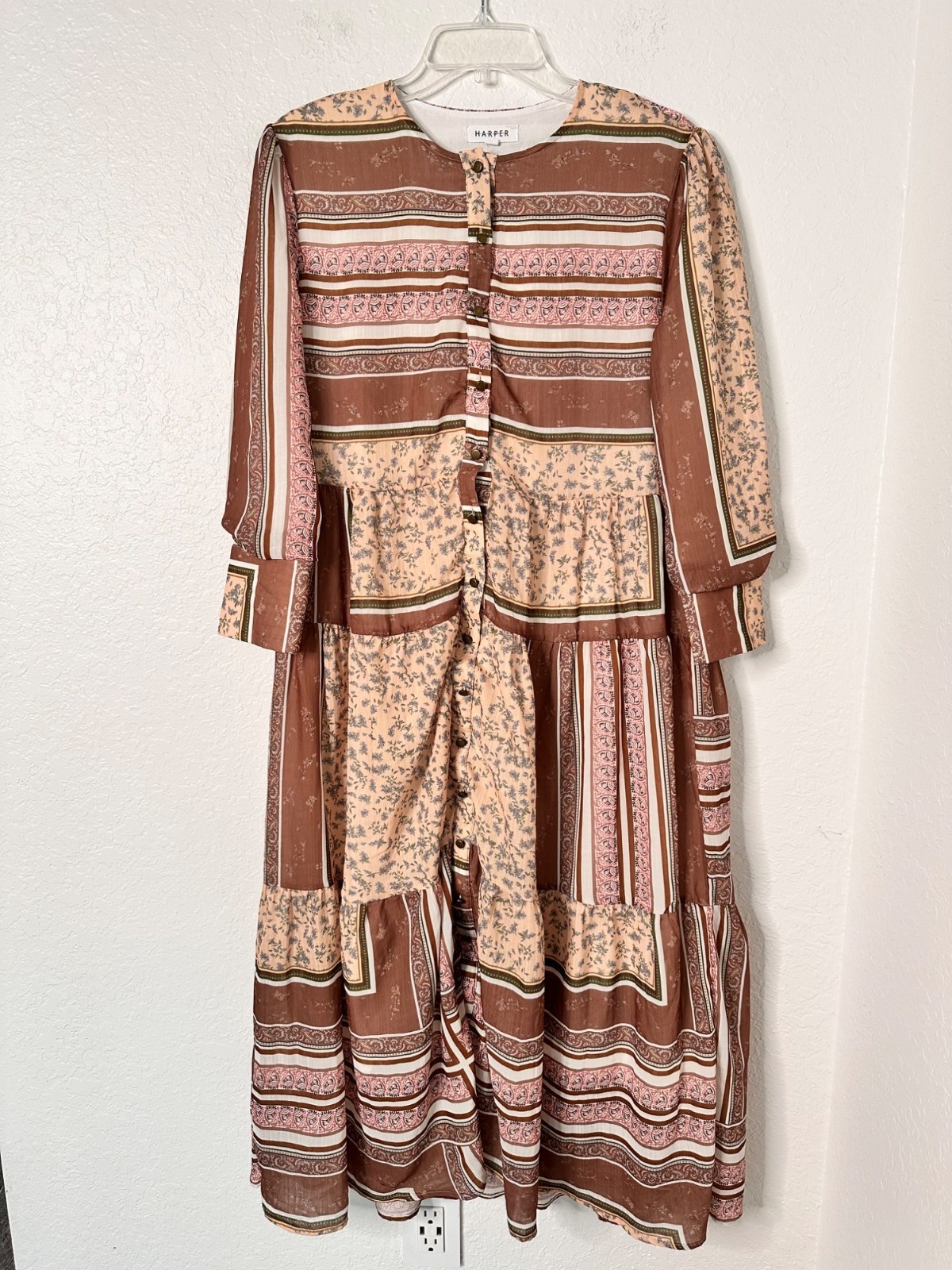 Harper Women’s Boho Patchwork Maxi Dress 1/2 Button Front 3/4 Bomber Sleeve Sz L