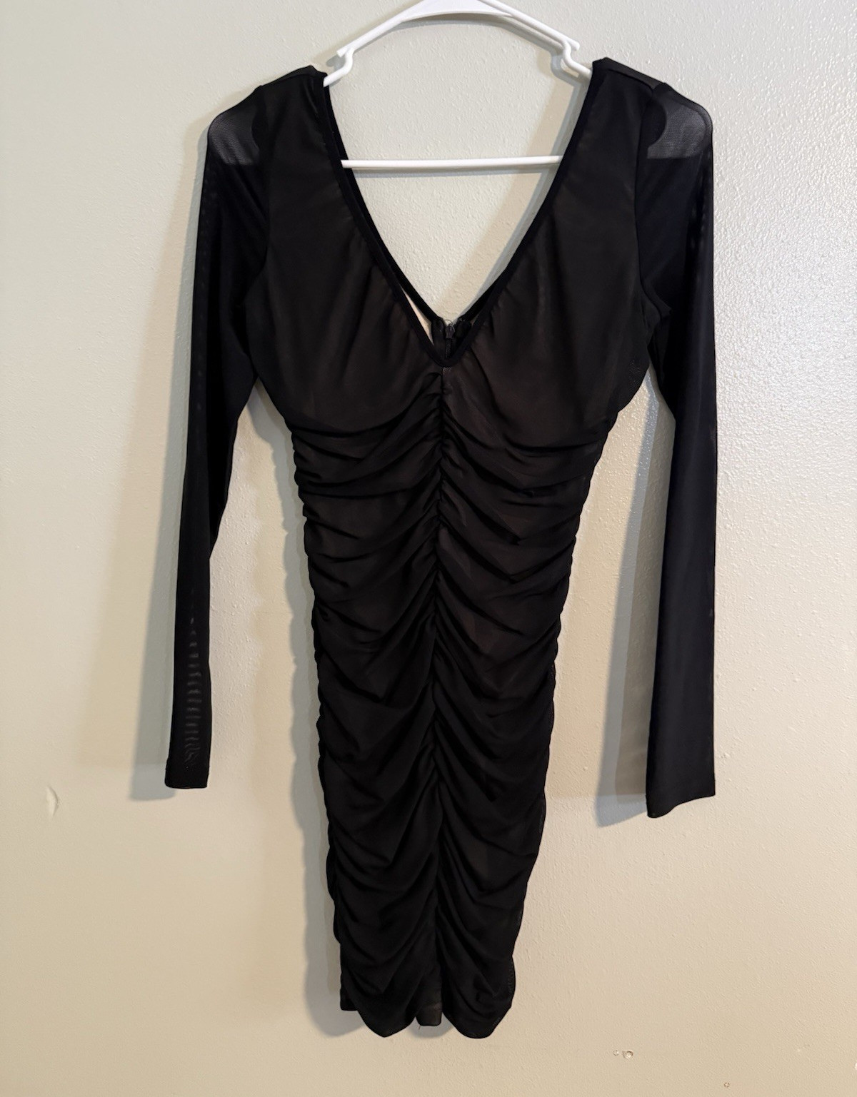 NBD Women’s Black Ruched Sheer Mesh V-Neck Bodycon Mini Dress Long Sleeve S
