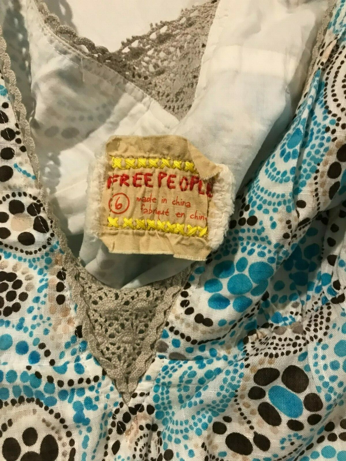 Free People Blue Tan Retro Style Mini Dress (Sz 6) Cotton 32″ L Circles Dots
