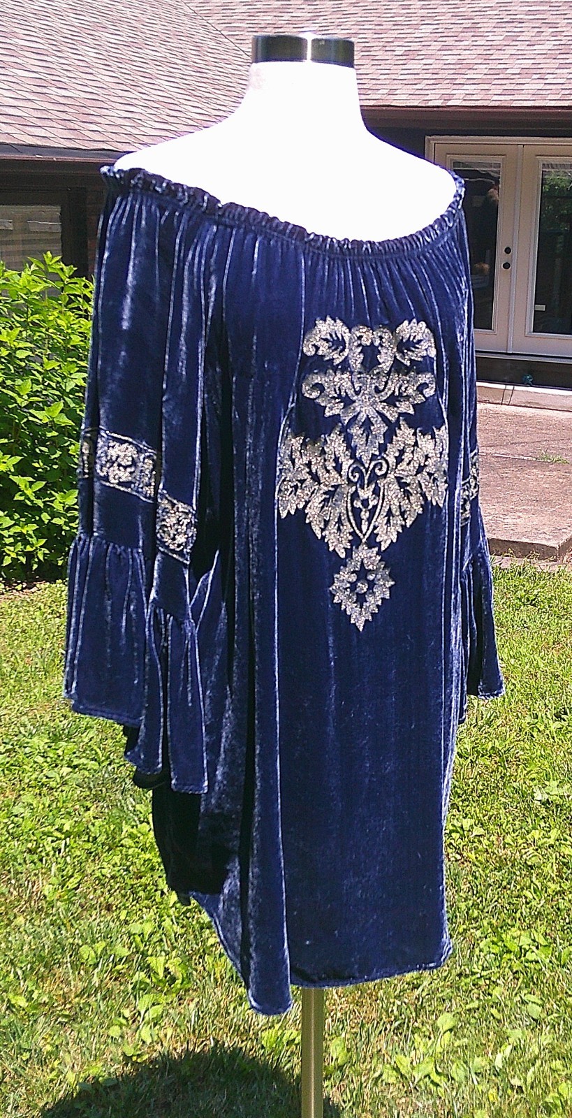 Tasha Polizzi Blue Velvet Hippie Cowgirl Mini Dress Tunic Off Shoulder M EUC