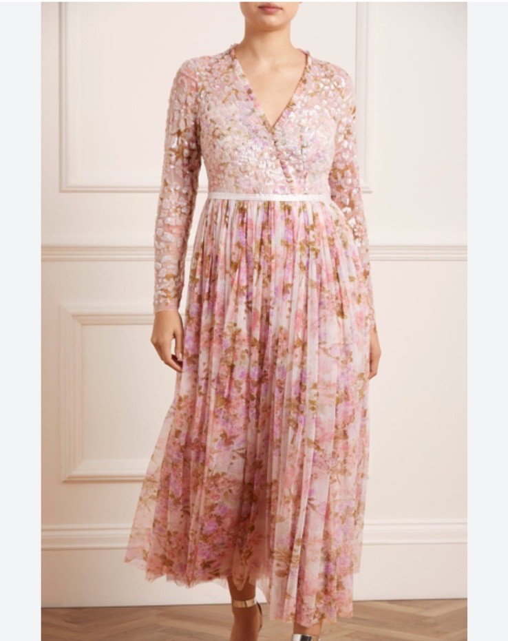 Needle & Thread Darling Meadow V-Neck Pink Sequin Long Sleeve Maxi Dress Size 18