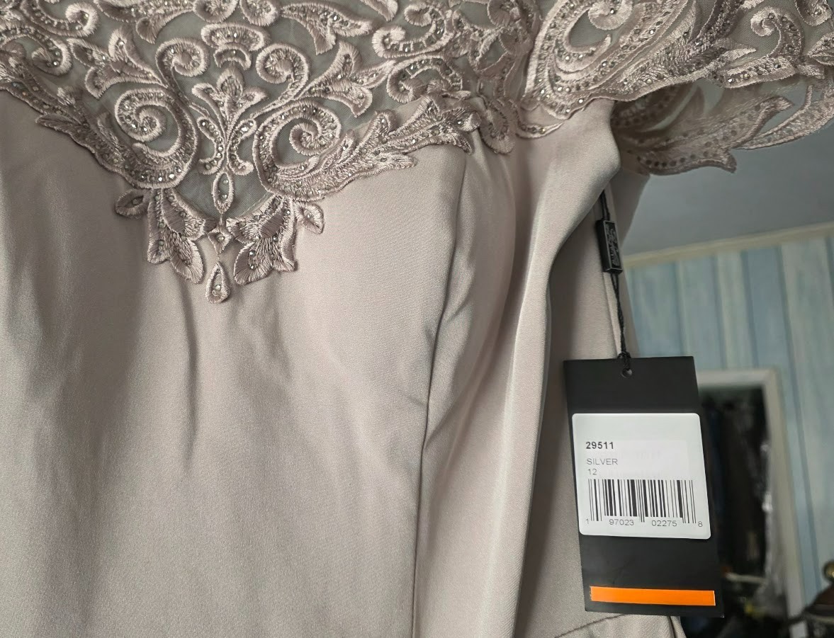 La Femme Bateau A-Line Evening – Silver Taupe Size 12 NWT $398