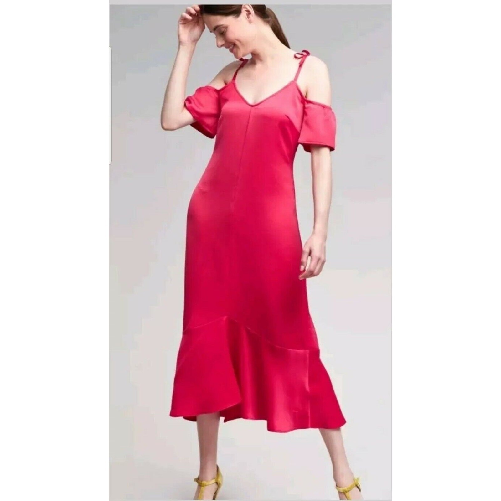 New Anthropologie x Seen Work Kept Satin Open Shoulder Midi Dress $168 Size 6