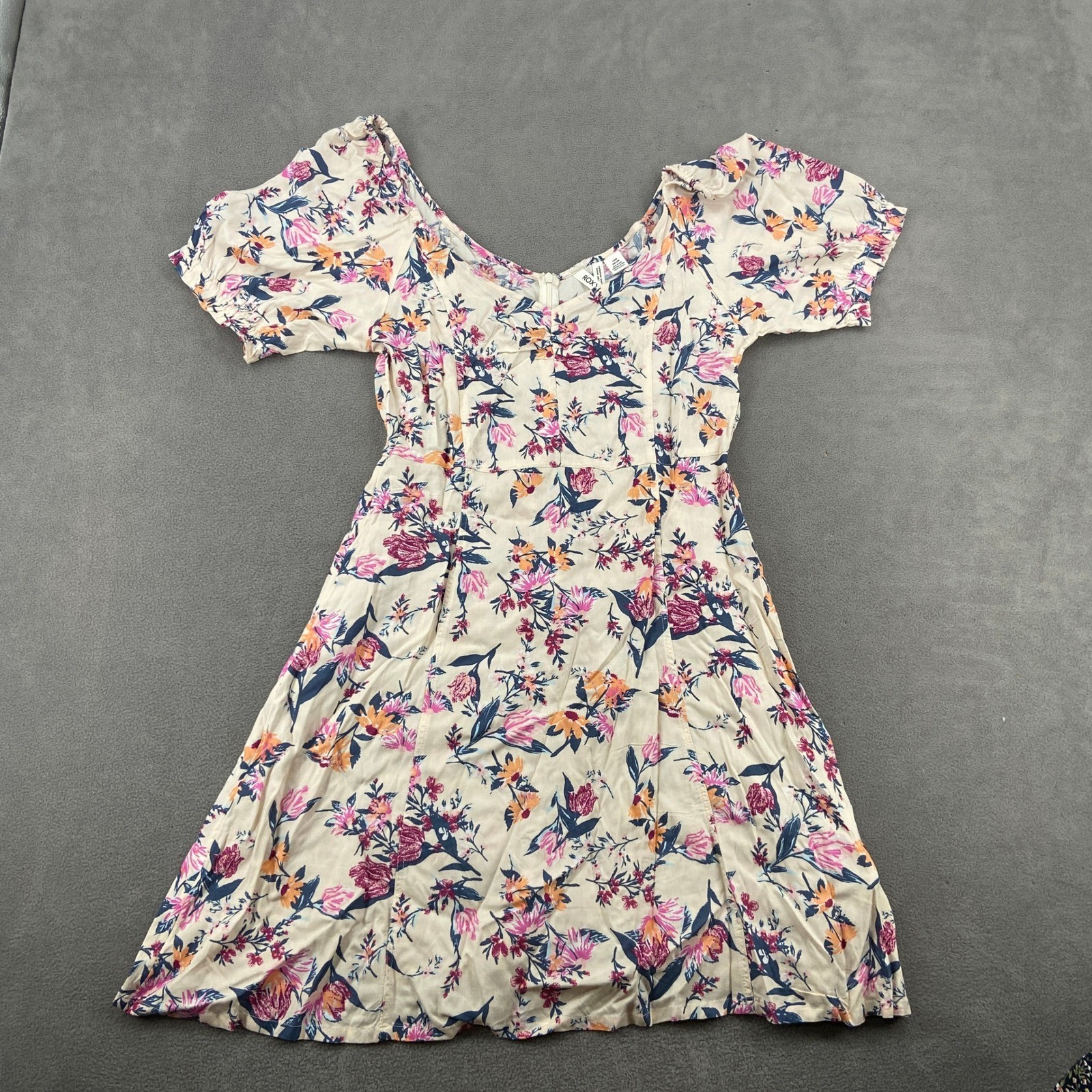 Roxy Floral Mini Dress Cream Pink Orange Blue Viscose Puff Sleeve Size L 4834