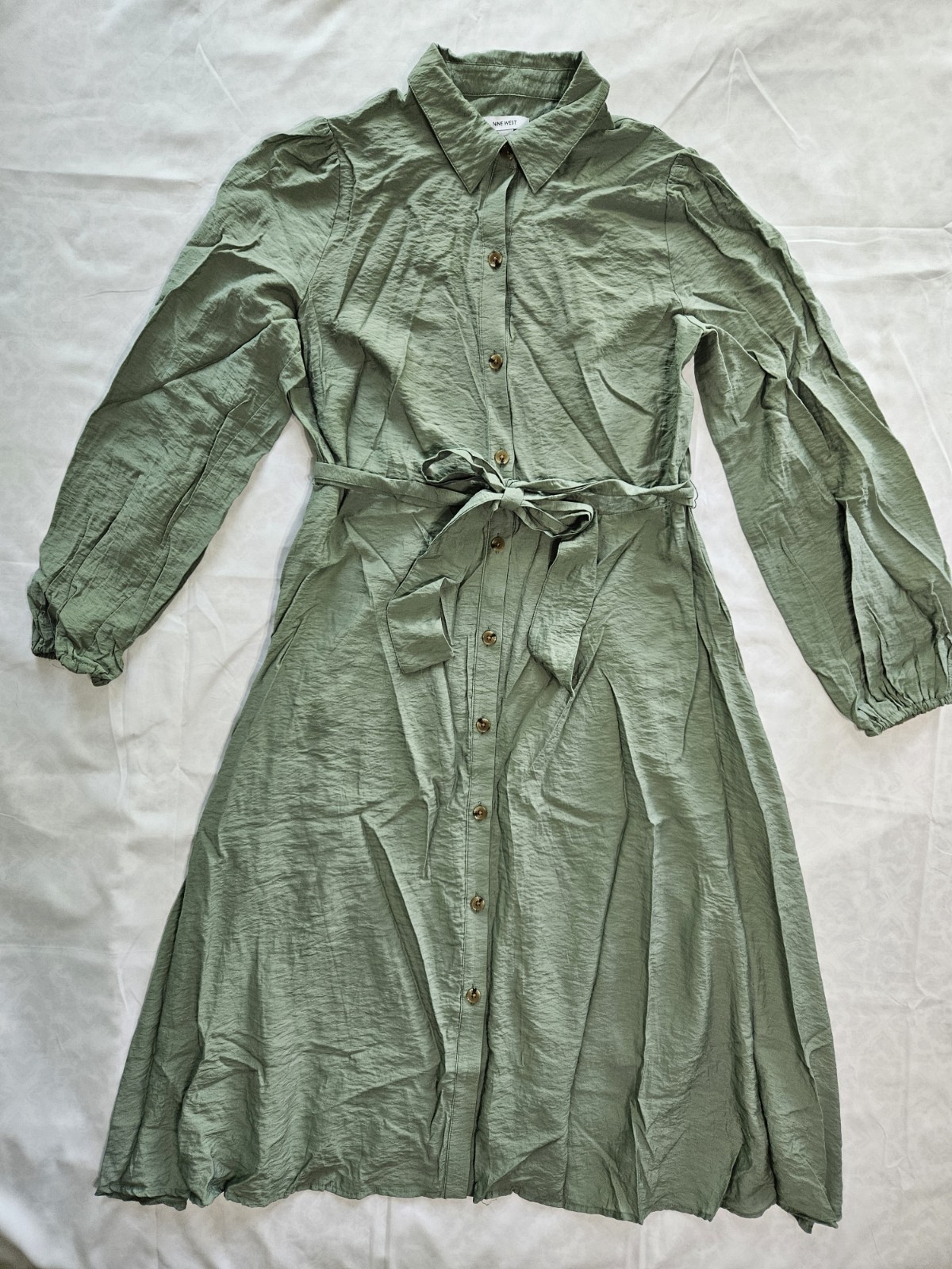Nine West Womens M Sage Green Button Down Shirt Dress Midi Tie Waist Long Sleeve