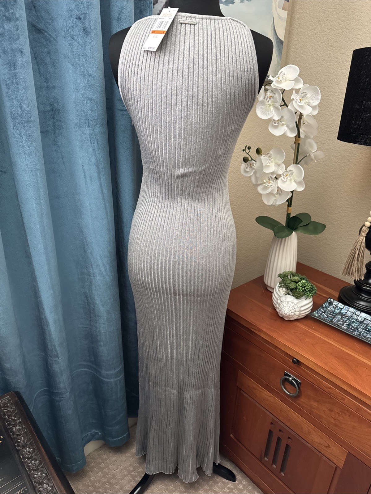Michael Kors Metallic Snit Silver Bodycon Sheath Maxi Long Dress Size S