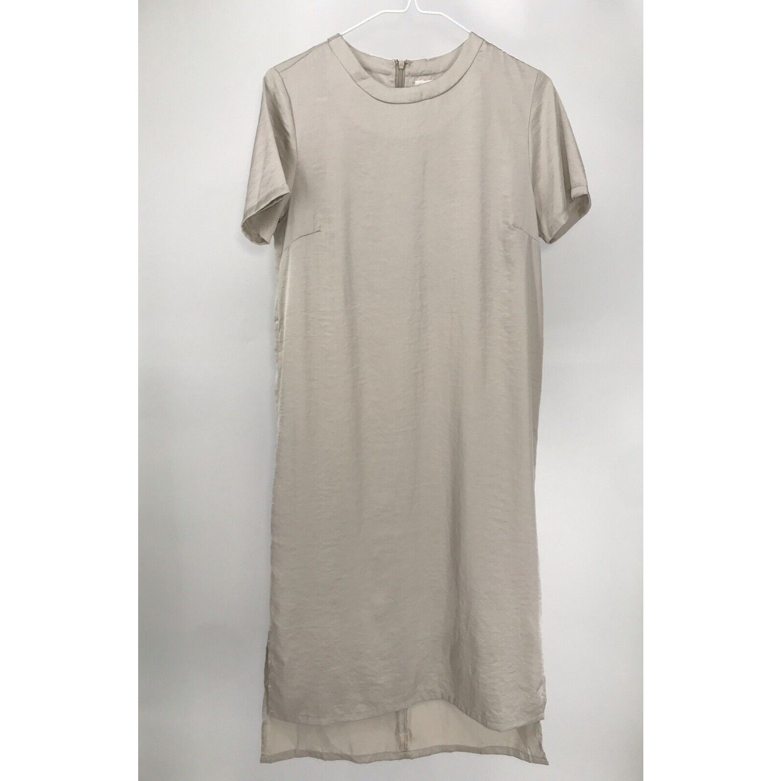 MOD REF Champagne Short Sleeve Crinkle Satin Midi Straight Shift Dress Size S