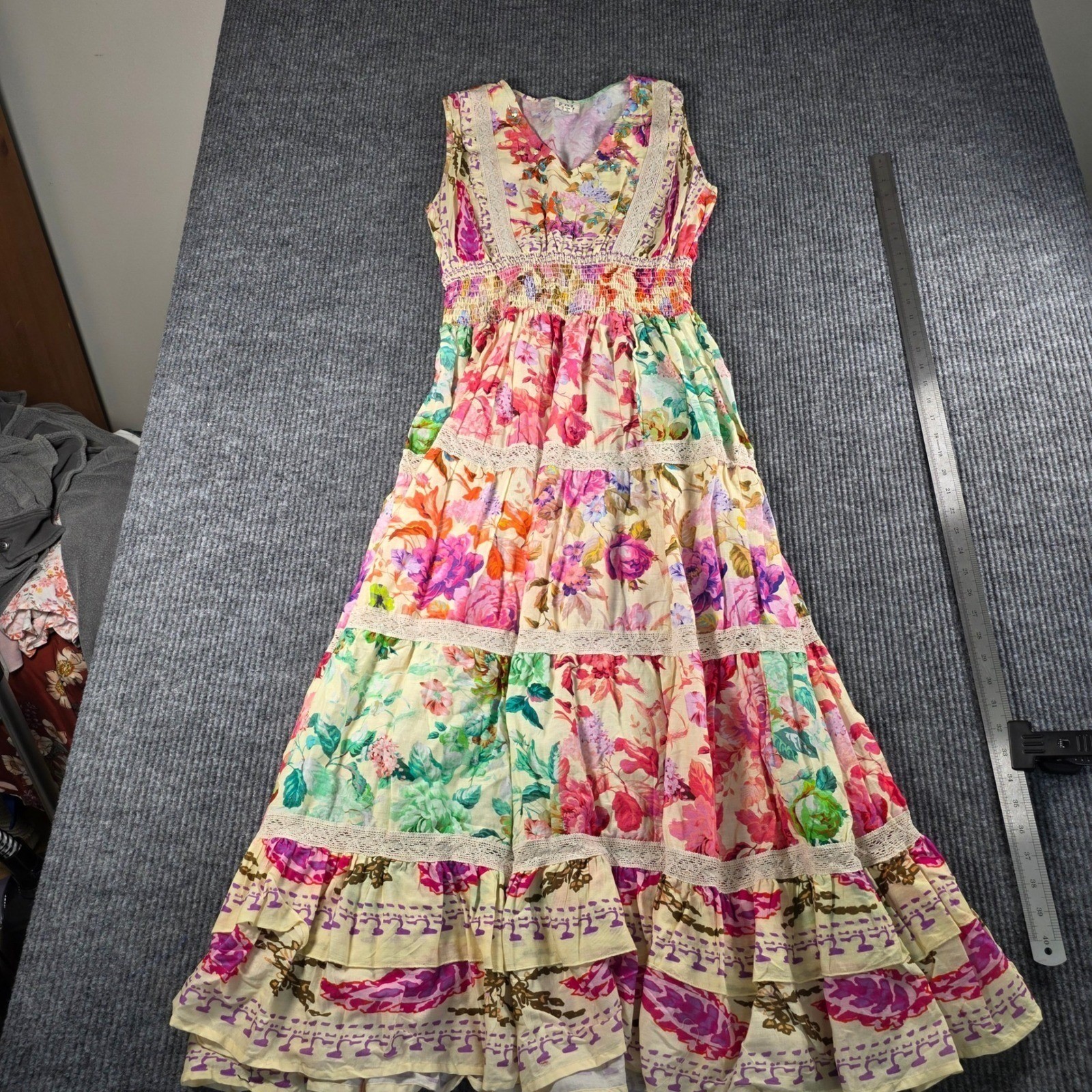 POL Floral Patchwork Maxi Dress Medium Boho Smocked Lace Trim Sleeveless NWOT