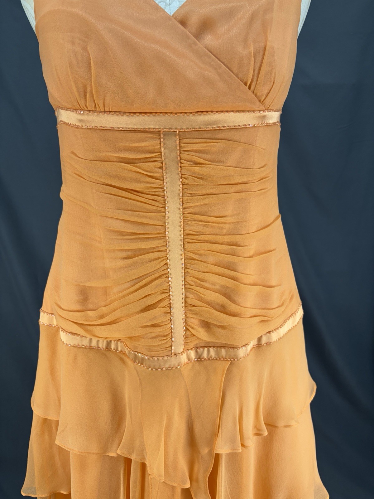VTG CAILAN’D Orange Beaded Ruffled Midi Dress Size 16 with Matching Neck Scarf