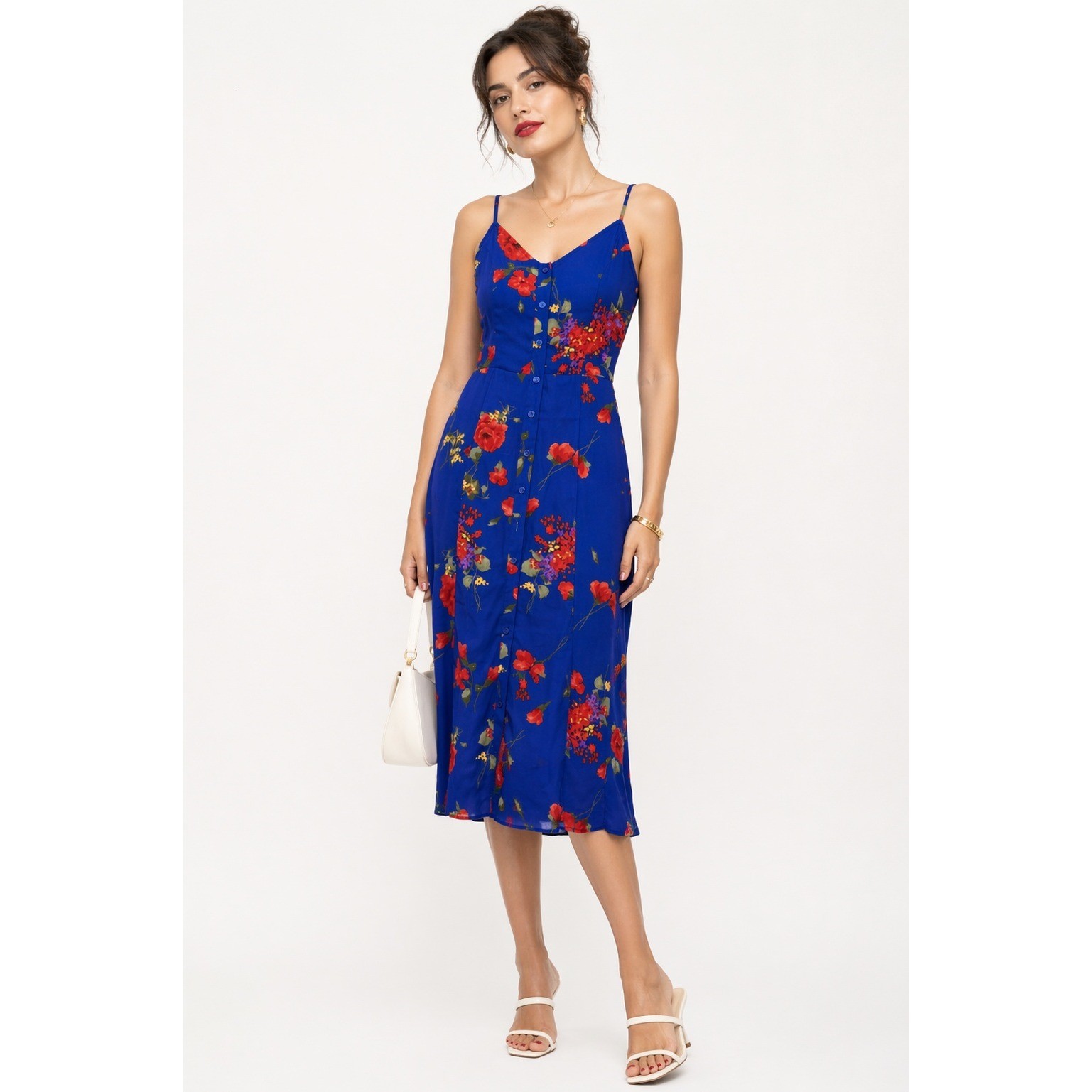Olivia Grey Floral Midi Dress Blue Poppy Button Front Smocked Back Size M NWT