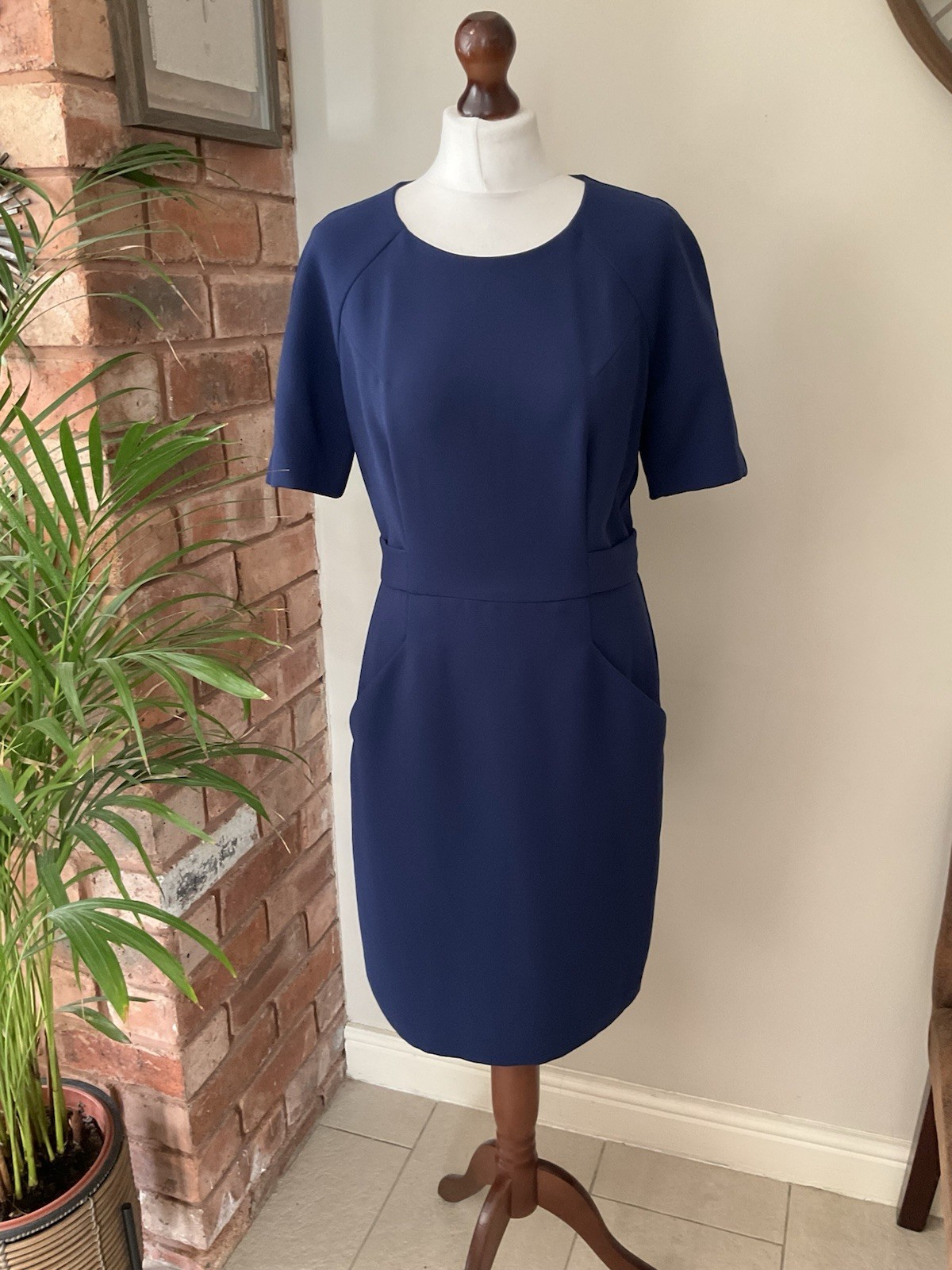 Whistles Pencil Dress Navy Blue Size 12 pockets fully lined press stud belt