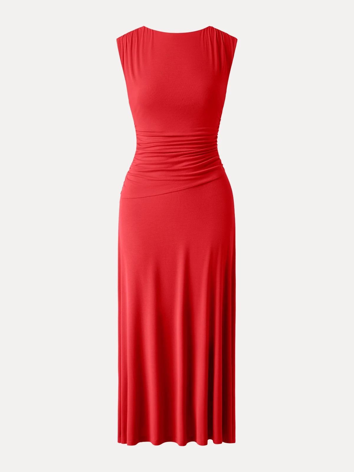 Women’s Ruched Maxi Dress Crew Neck Stretch Casual Summer Long Dress, Red