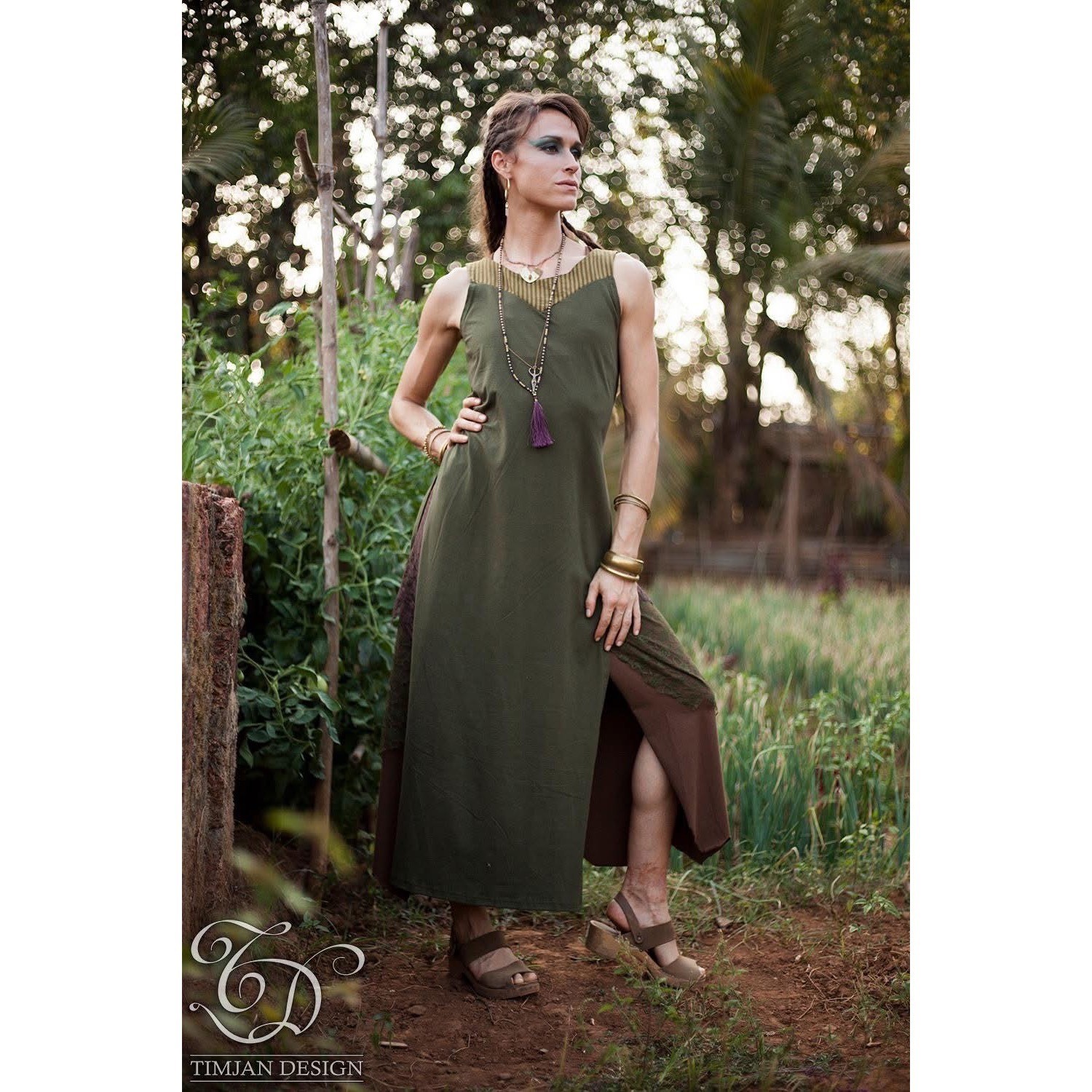 Timjan Designs Womens Olive Green Linen Nebula Maxi Dress High Side Slit Large