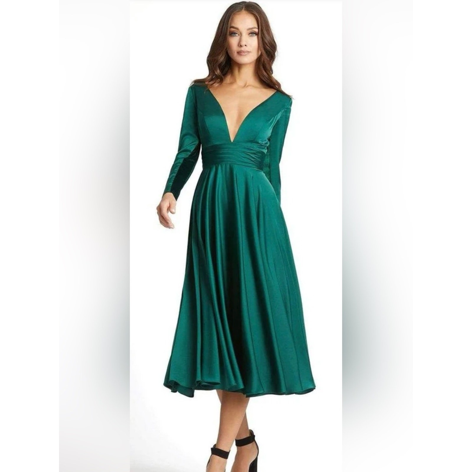 NWT Mac Duggal PLUNGE NECK SATIN A LINE DRESS Emerald Grn 67527emerald midi 16