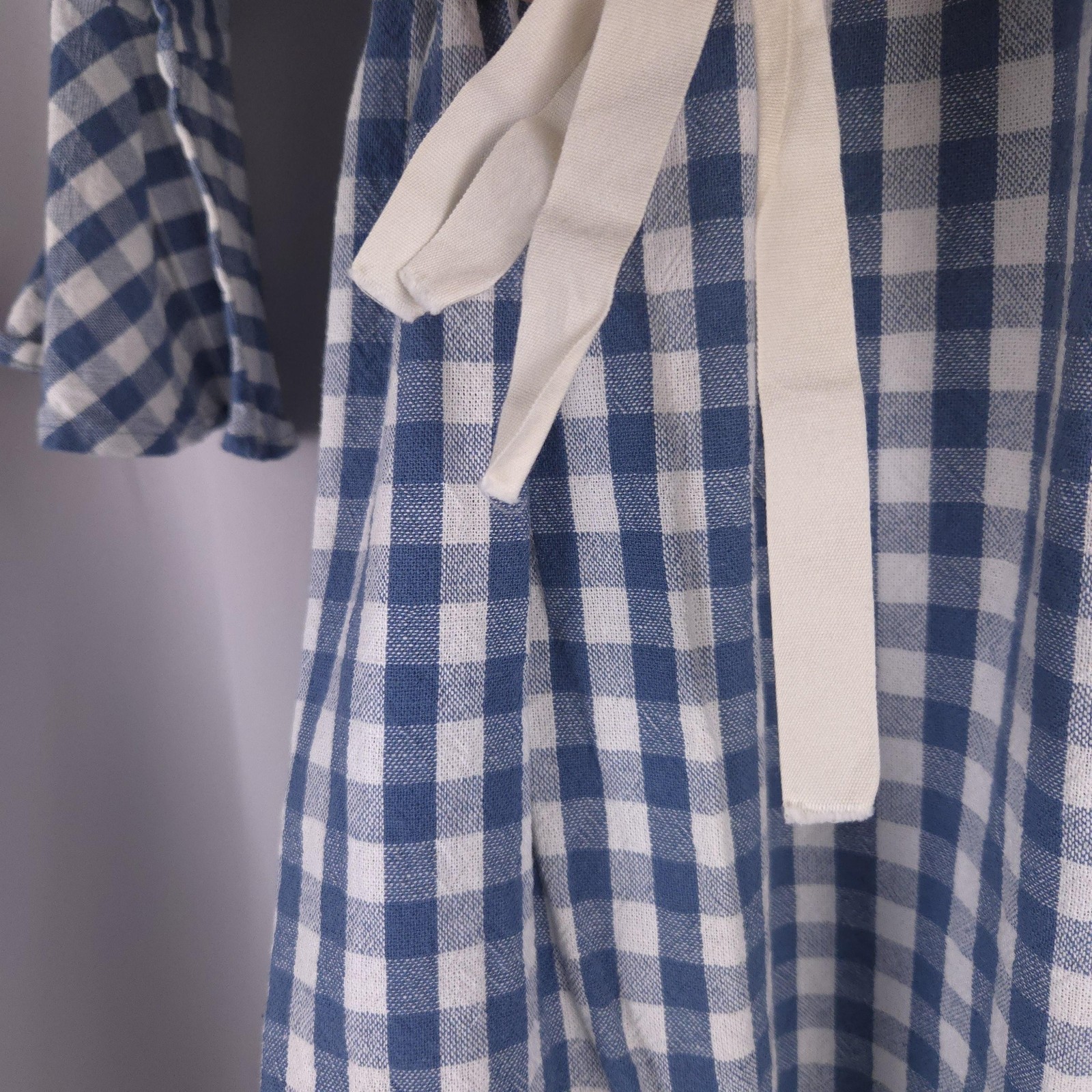 Blue Gingham Check Fit Flare Midi Dress Womens S Ruffle Bell Sleeve Cottagecore
