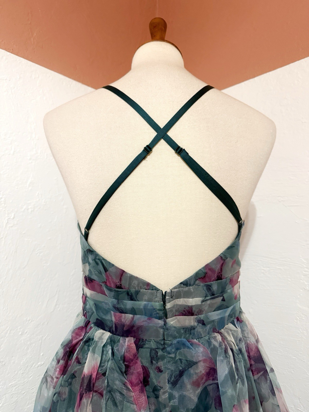 NWT Lulus Romance That Wows Dark Teal Floral Print Organza Maxi Whimsy Dress M