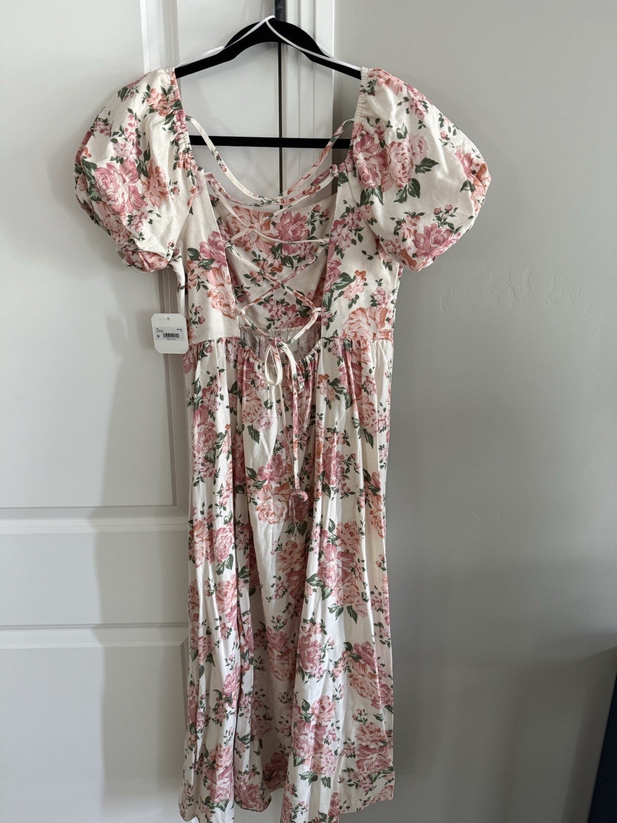 Altar’d State Pink Floral Puff Short Sleeve Square Neck Midi Dress, S, NWT