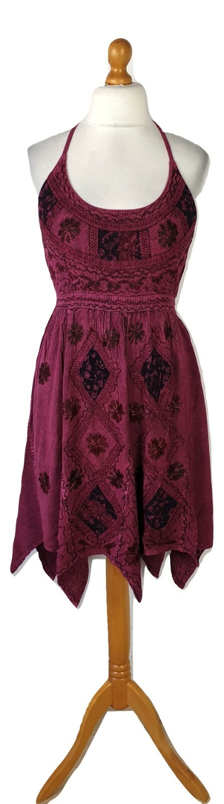 Bohemian Halter Dress Knee Length Pixie Hem Smocked Back Embroidered 8 10 12 14