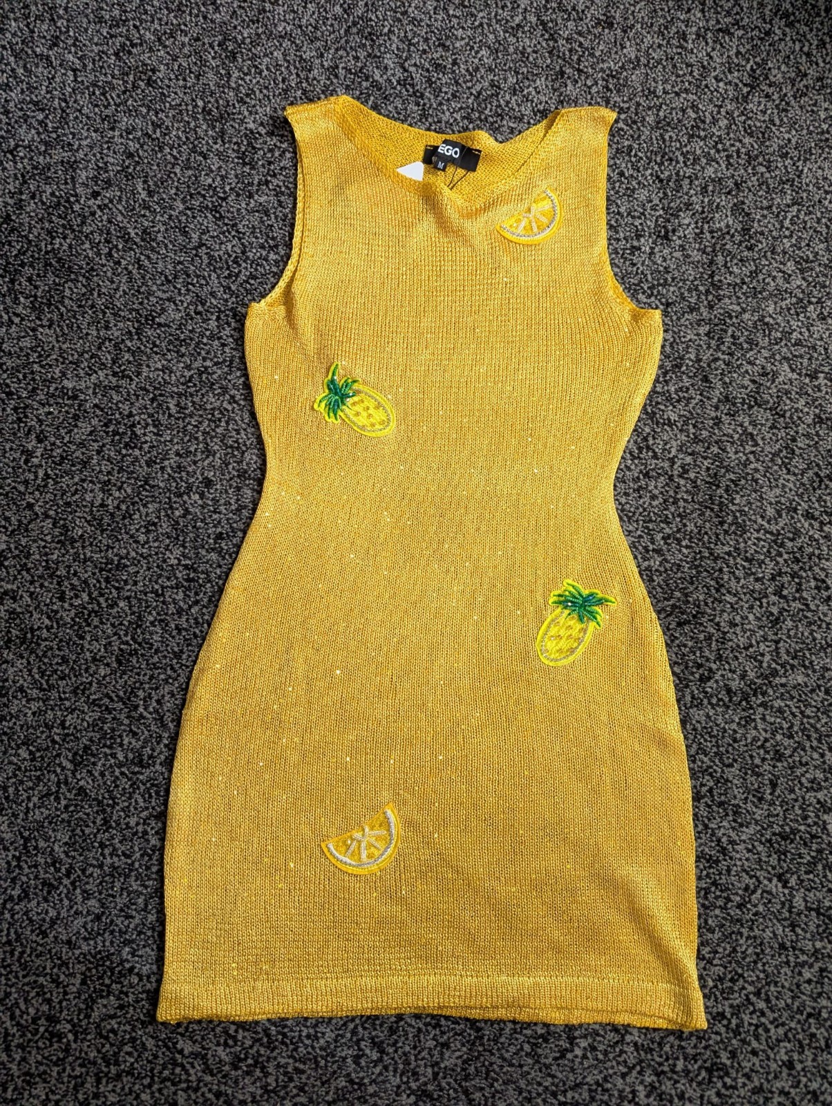 Ego Knit Mini Dress Medium Yellow Embellished Fruit Applique Beach Cover Up