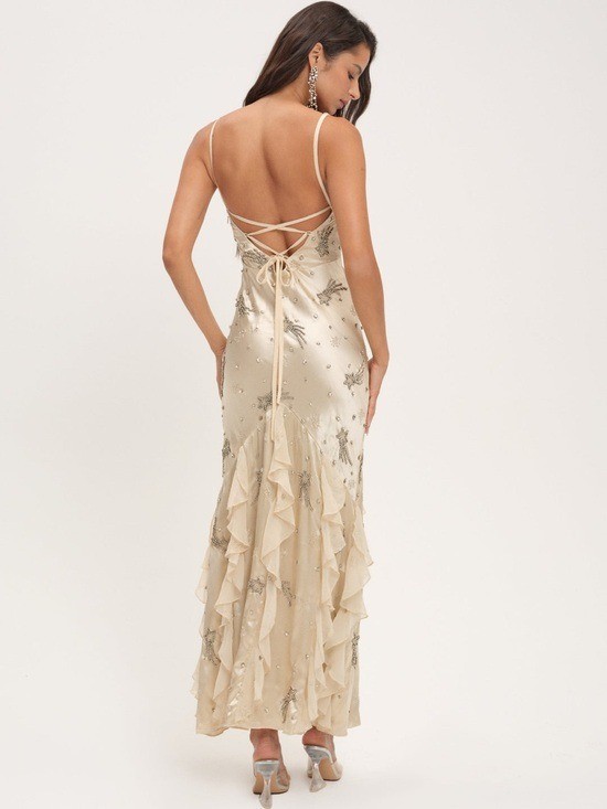 $798 NWT For Love And Lemons “Elea” Beaded Slip Maxi Dress in Cream Sz XXS