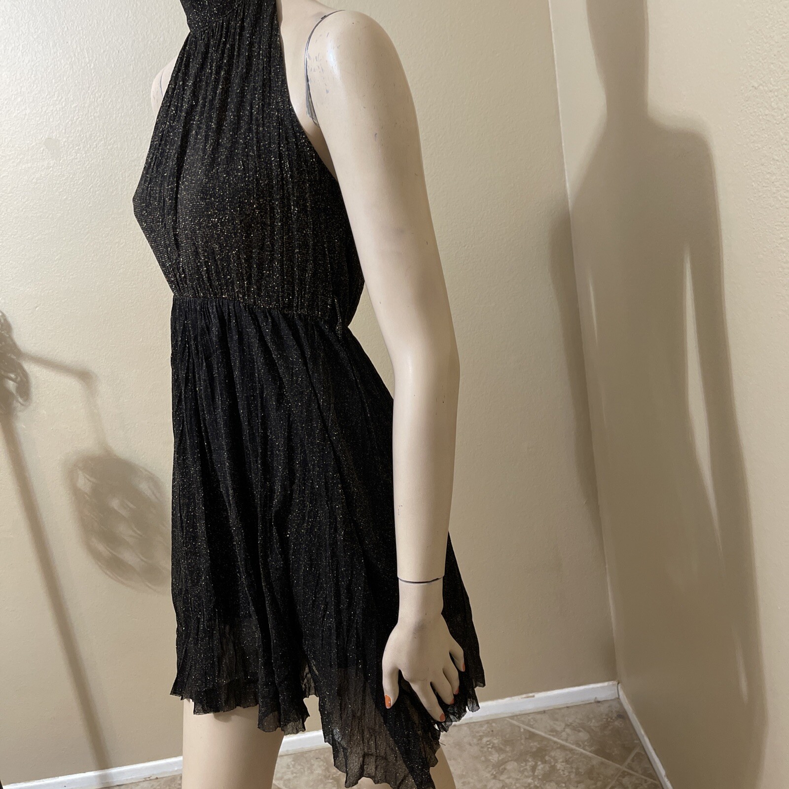 Women’s Black Polyester Cocktail Layered Pleated Open On Tie Midi Size S Dress