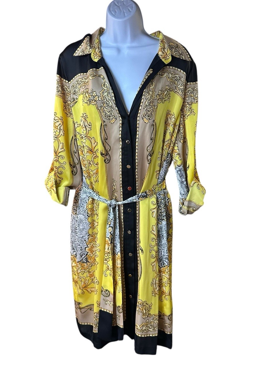 Cache Baroque Scarf Print Button Front Shirt Dress Tunic Yellow Black Belted 14