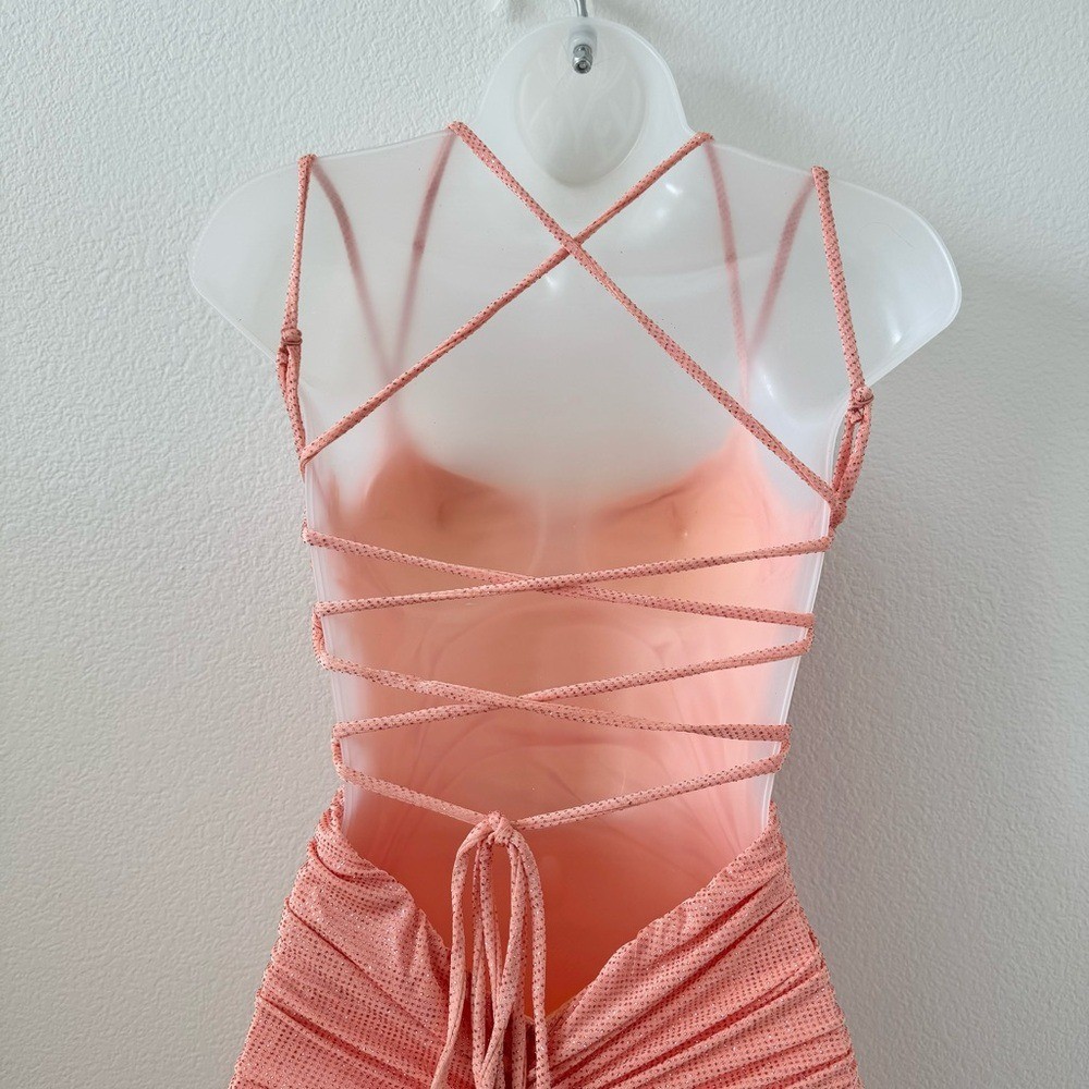 NWT Windsor Coral Orange Rylie Glitter Lace-Up Column Long Maxi Formal Dress