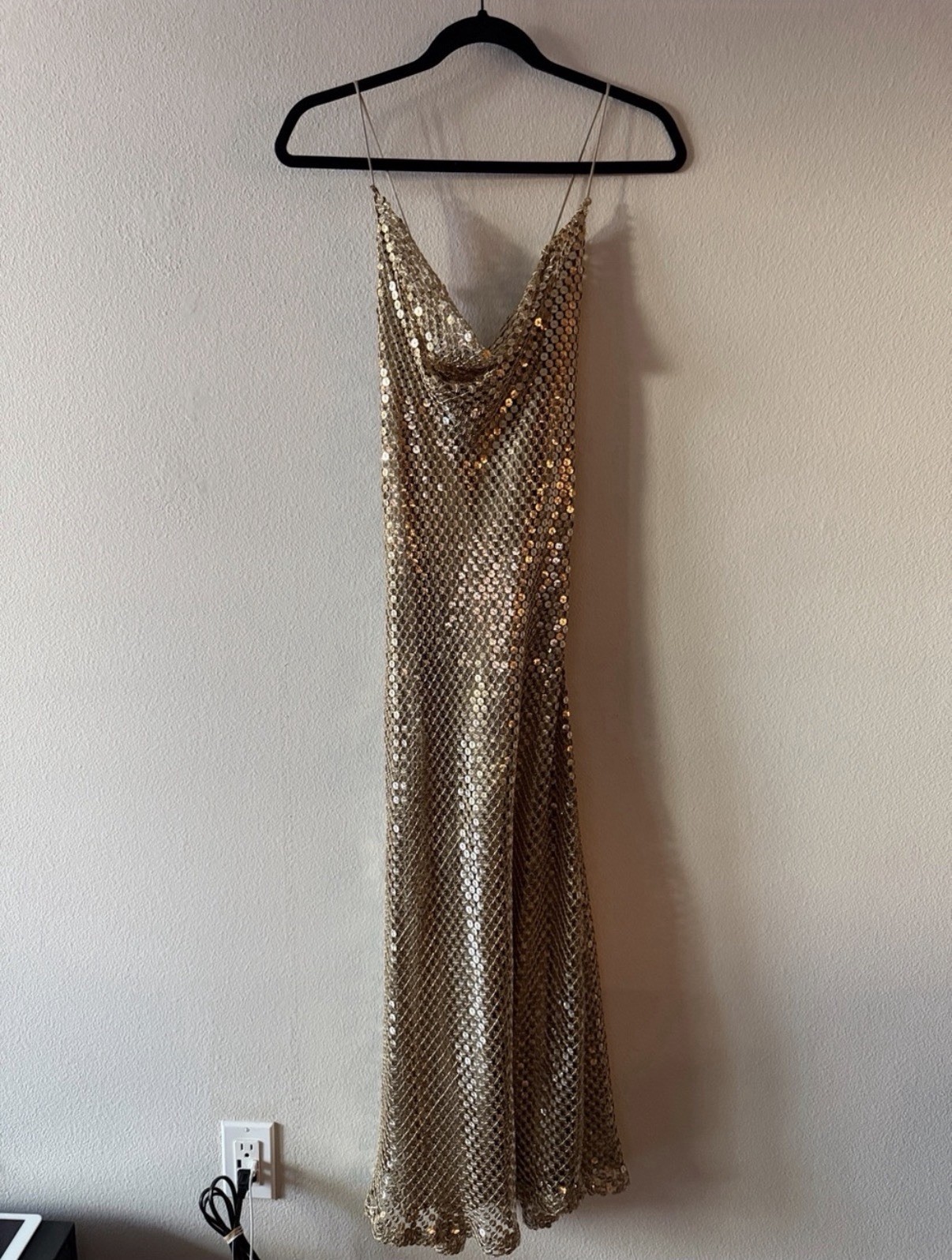 Zara Women’s Gold Metallic Mesh Sequin Cowl Neck Spaghetti Strap Maxi Dress OS