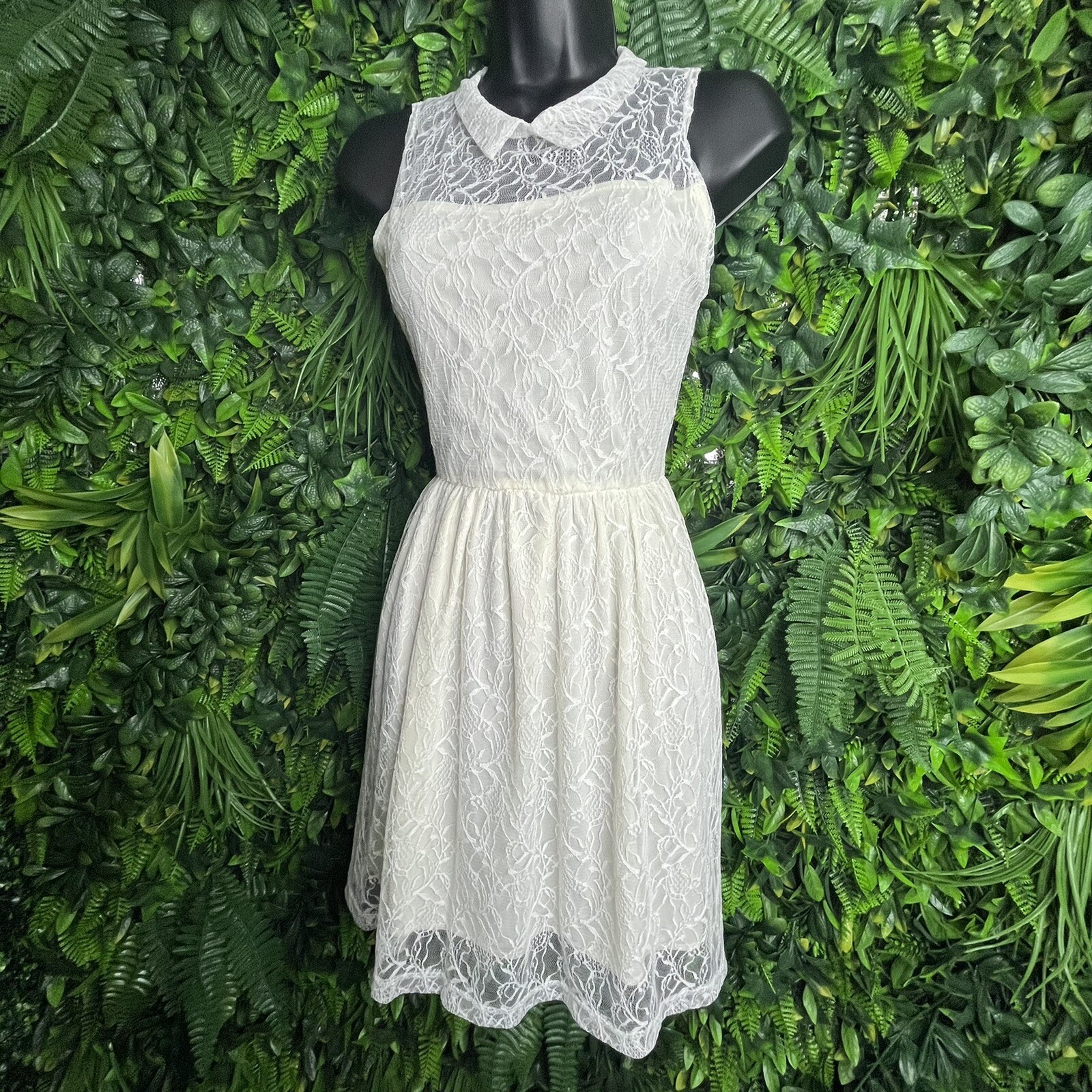 Blue S Dress Women Medium Half White Lace Fit And Flare Collared Neckline 0139
