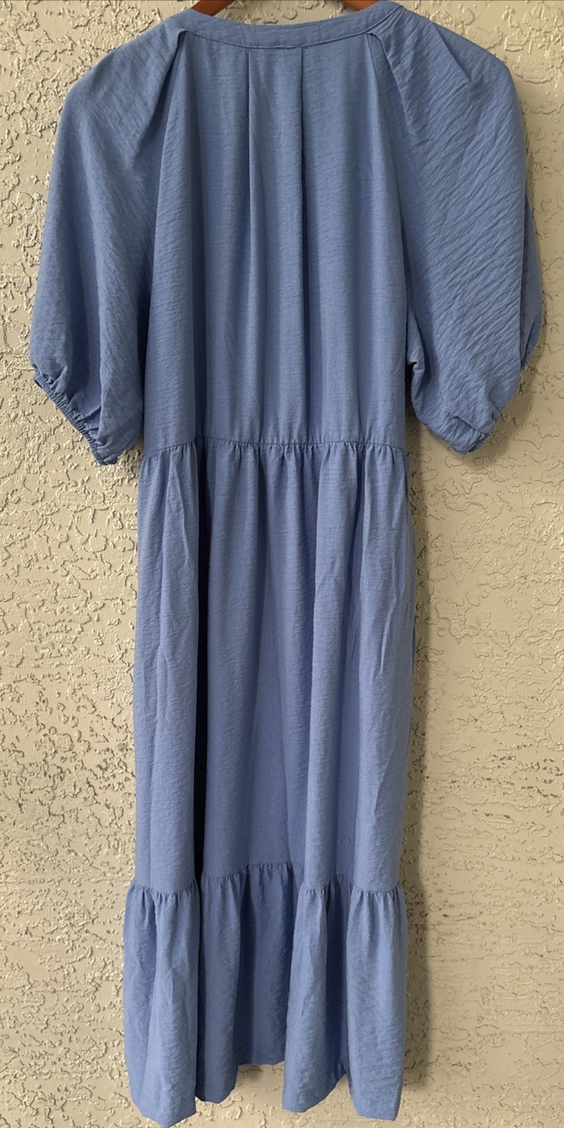 DKNY Light Blue Puff Sleeve Midi Dress Zip Front Tiered Peasant Small