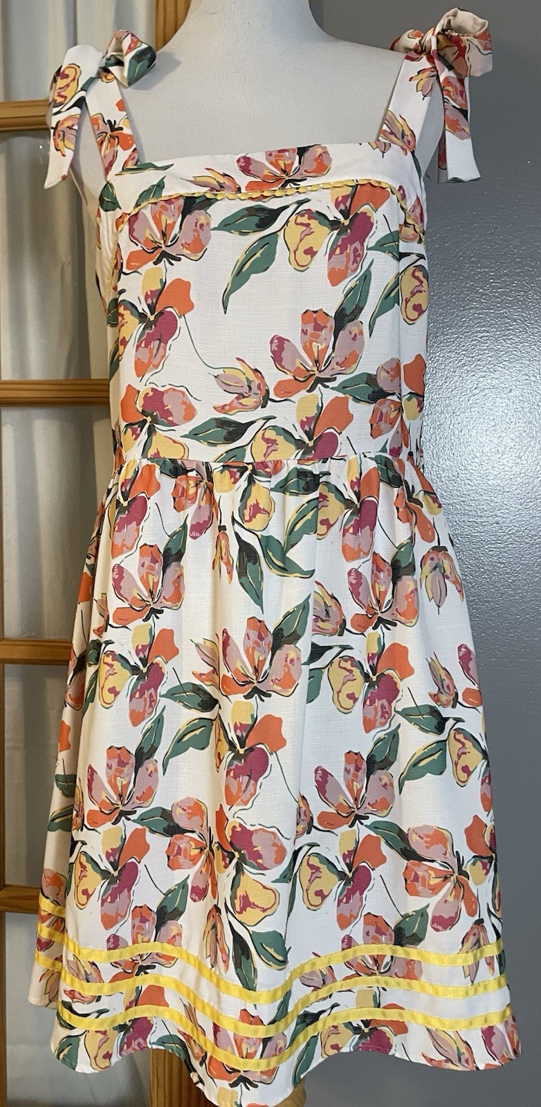 Floral Smocked A-Line Dress Sz L Orange Yellow Stripes Tie Straps Boho Cottage