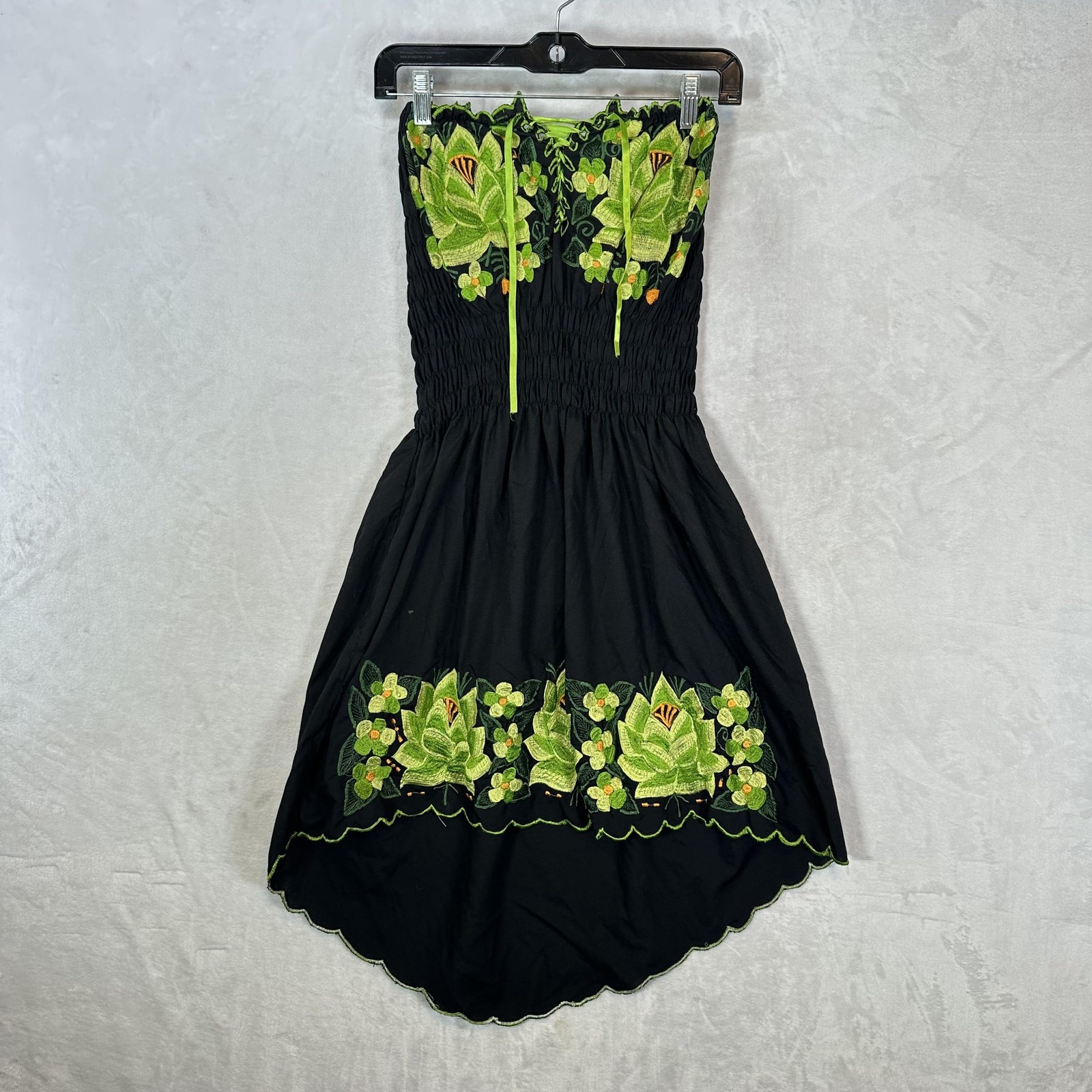 Vintage Dress Womens S Black Embroidered Floral Corset Hi Low Boho Mexican
